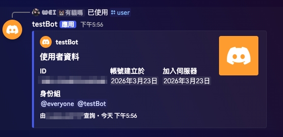 /user 指令回傳的使用者資料 Embed,包含 thumbnail、多欄位、footer 與 timestamp
