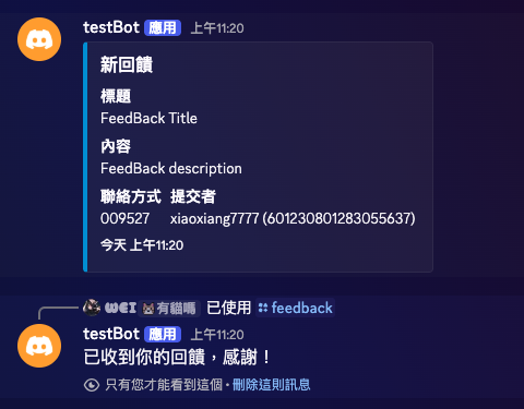 管理頻道收到回饋 Embed 的畫面